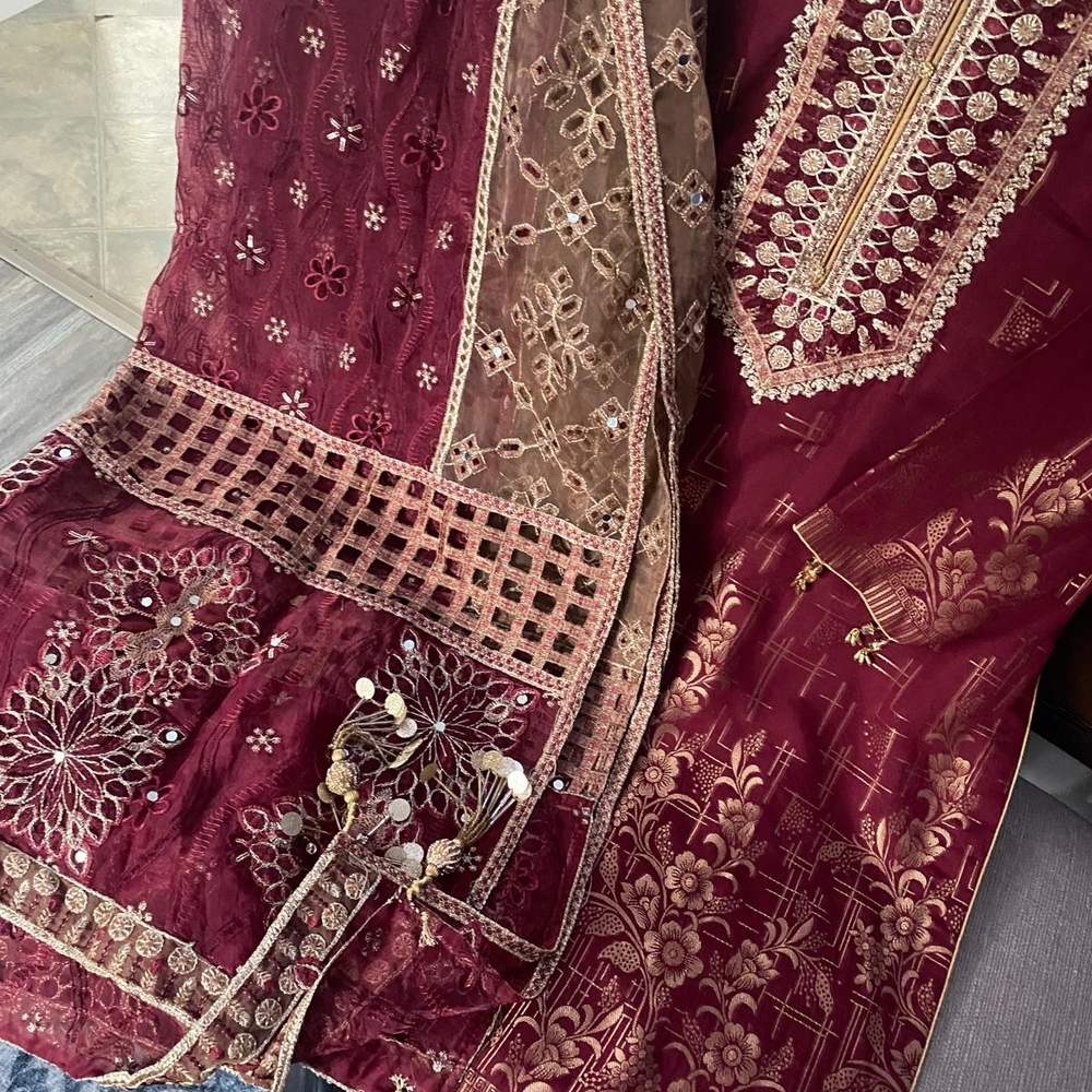 Maroon and Gold Embroidered Outfit